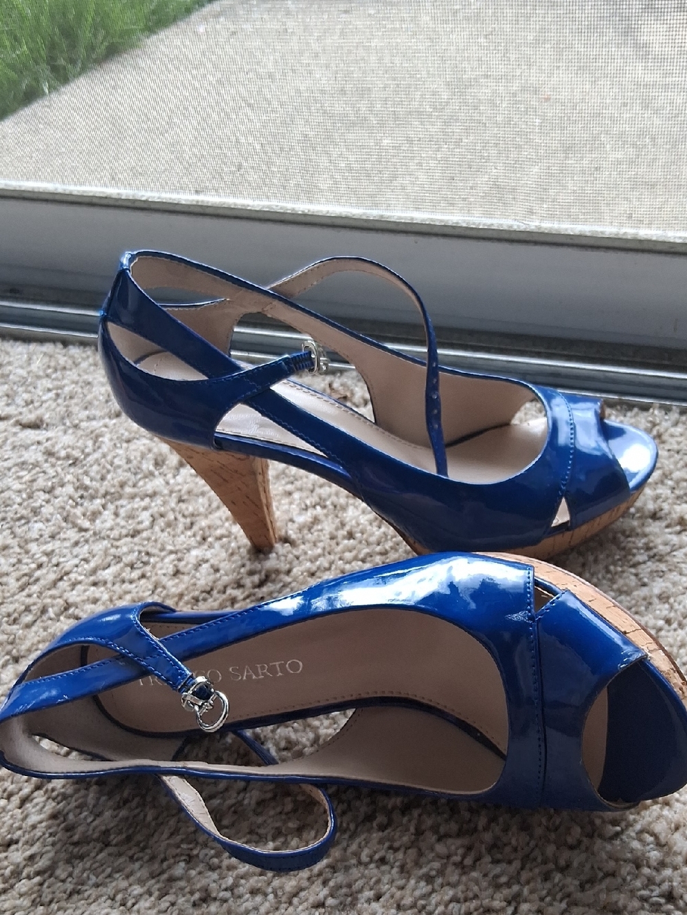 Franco Sarto Royal Blue Patent Cork Heel Peep-Toe Sandals